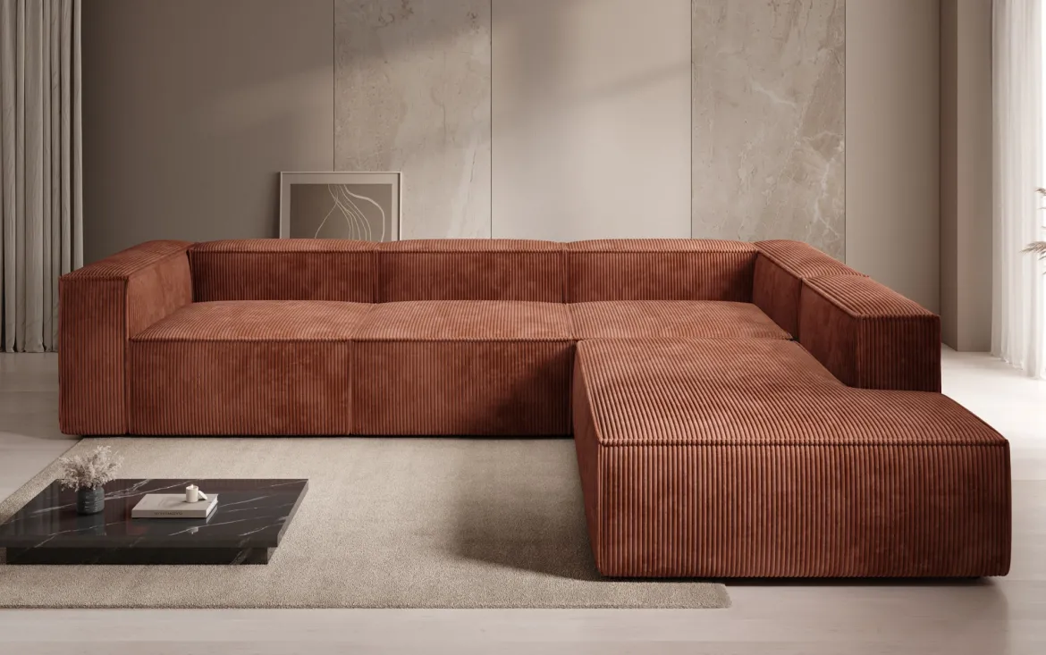 Designer Ecksofa Lesley mit langer Ottomane in Cord