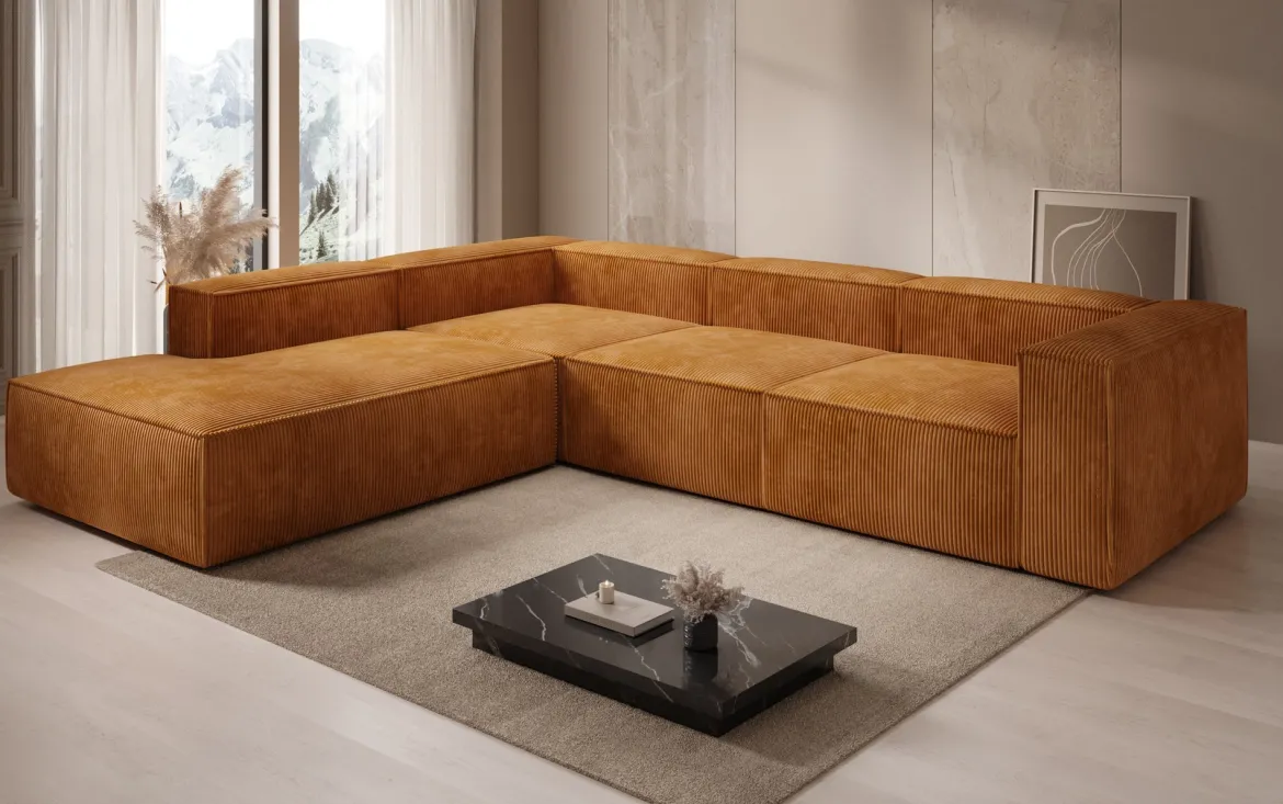 Designer Ecksofa Lesley mit langer Ottomane in Cord