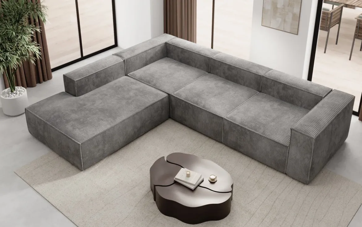 Designer Ecksofa Lesley mit langer Ottomane in Cord