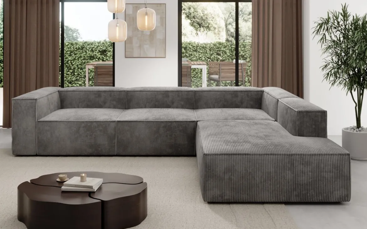 Designer Ecksofa Lesley mit langer Ottomane in Cord