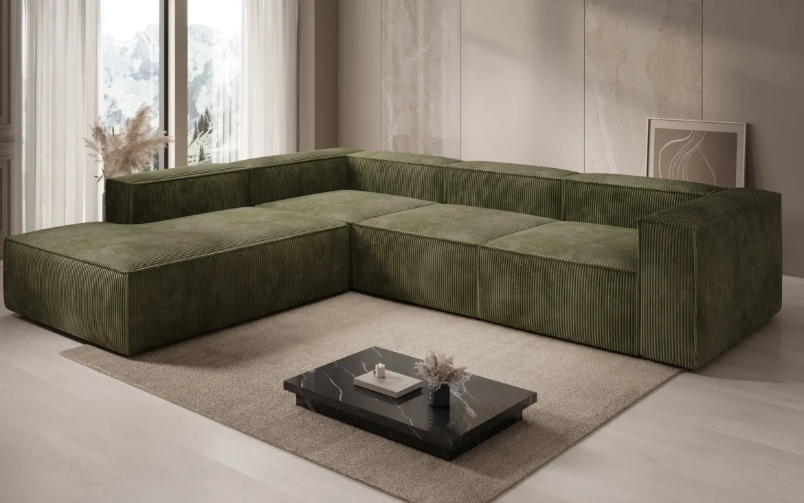 Designer Ecksofa Lesley mit langer Ottomane in Cord