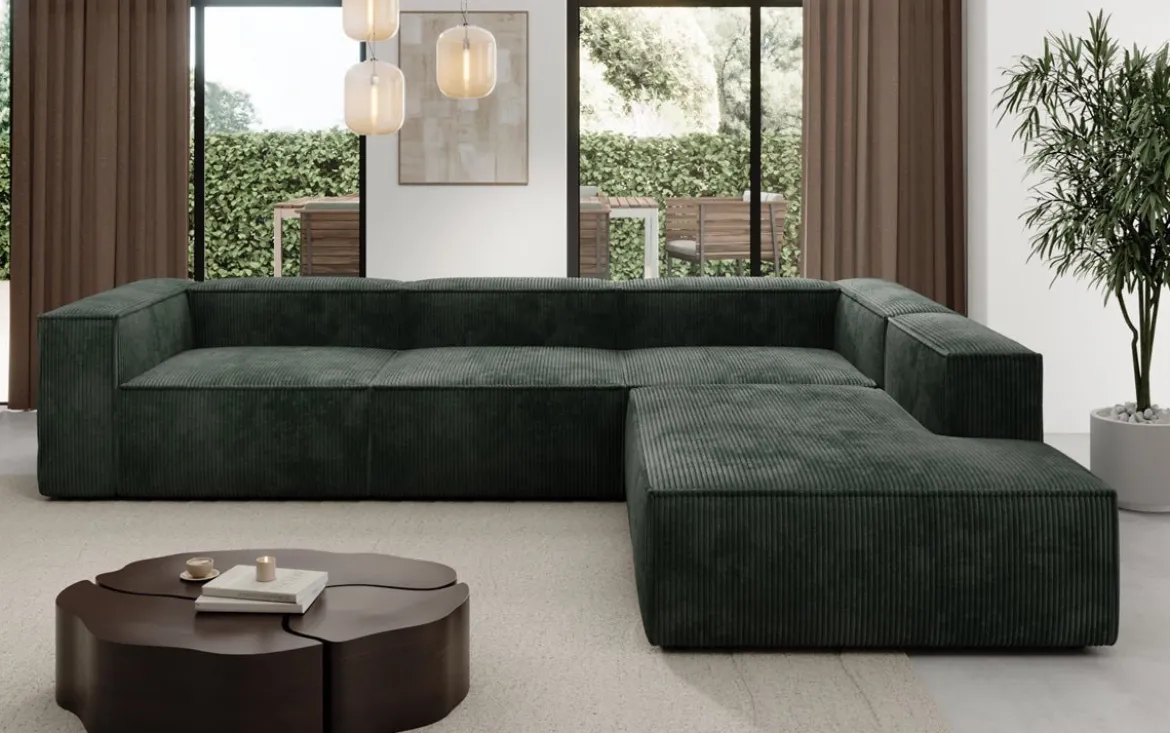 Designer Ecksofa Lesley mit langer Ottomane in Cord