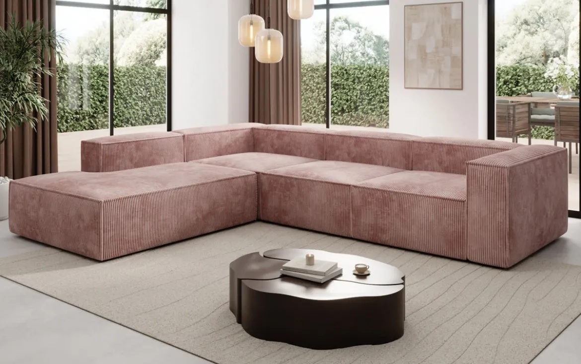 Designer Ecksofa Lesley mit langer Ottomane in Cord
