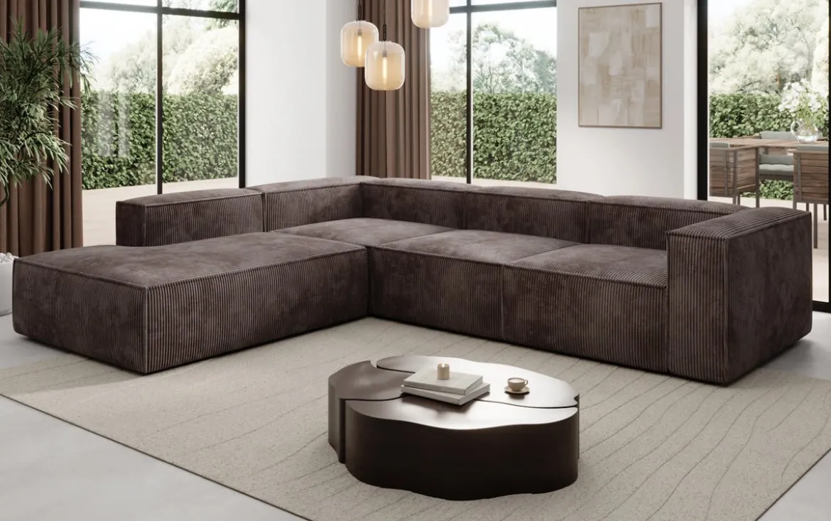 Designer Ecksofa Lesley mit langer Ottomane in Cord
