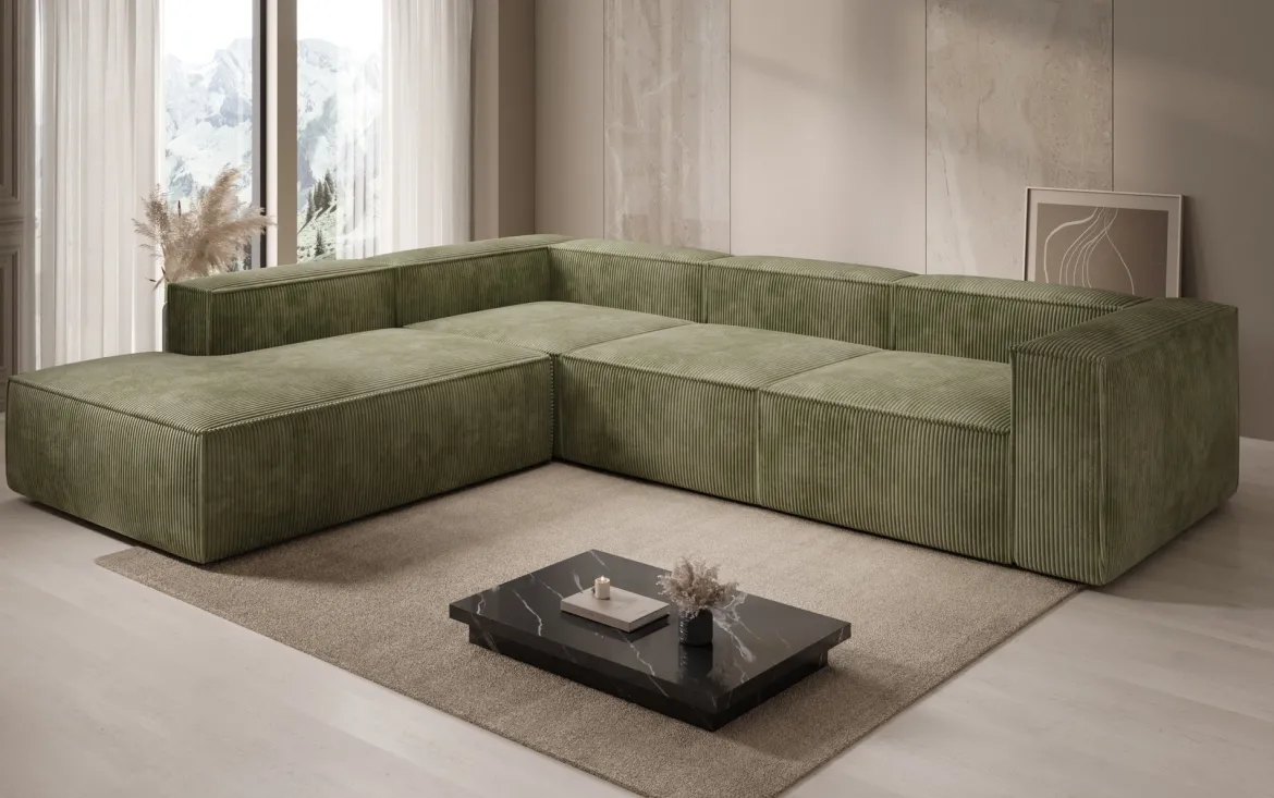 Designer Ecksofa Lesley mit langer Ottomane in Cord