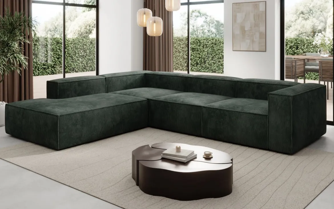 Designer Ecksofa Lesley mit langer Ottomane in Cord