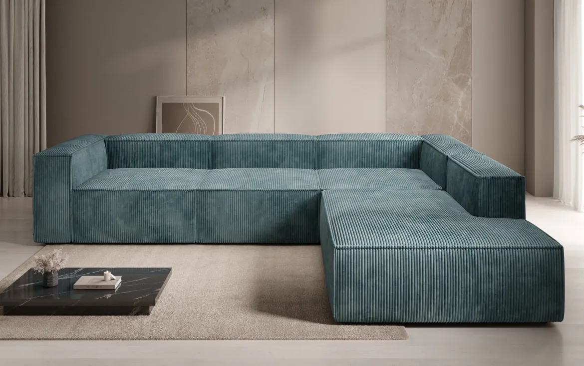 Designer Ecksofa Lesley mit langer Ottomane in Cord