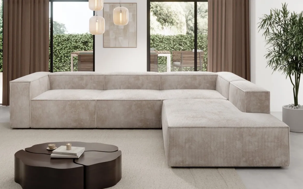 Designer Ecksofa Lesley mit langer Ottomane in Cord