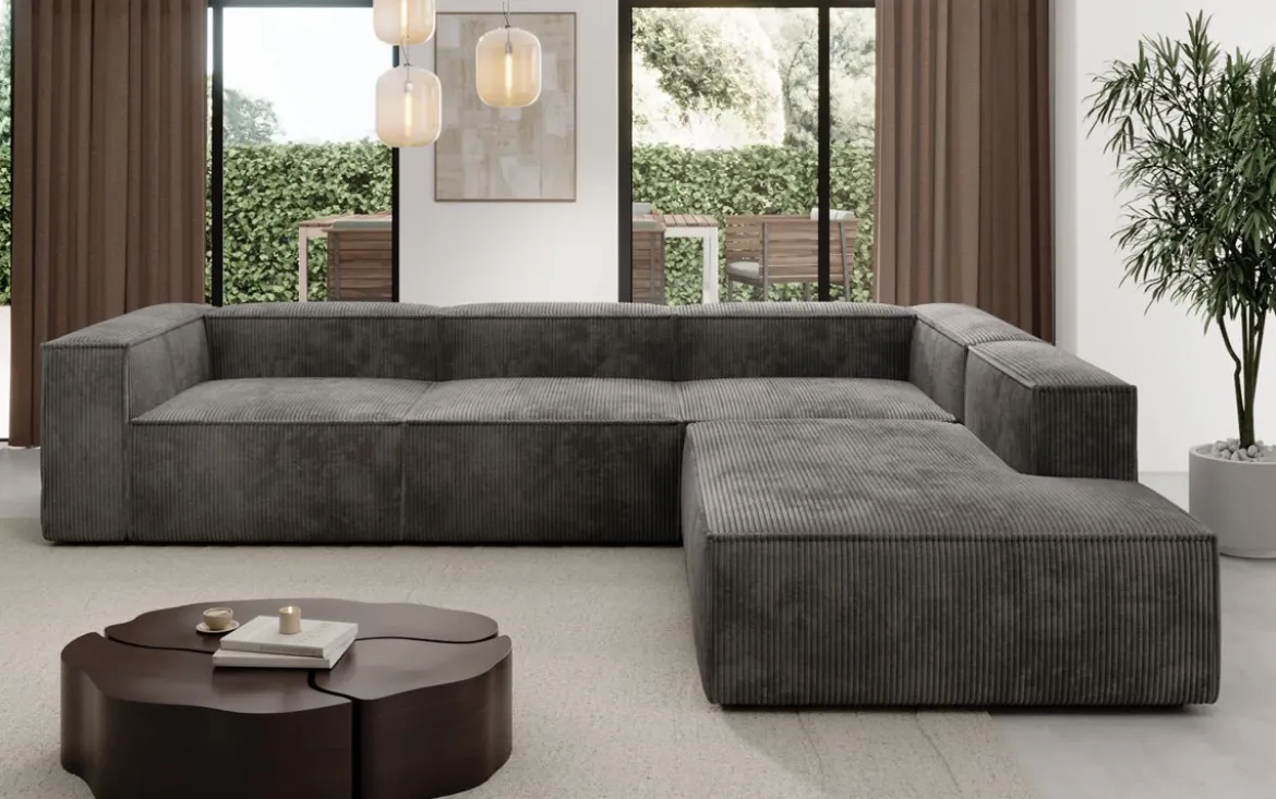 Designer Ecksofa Lesley mit langer Ottomane in Cord