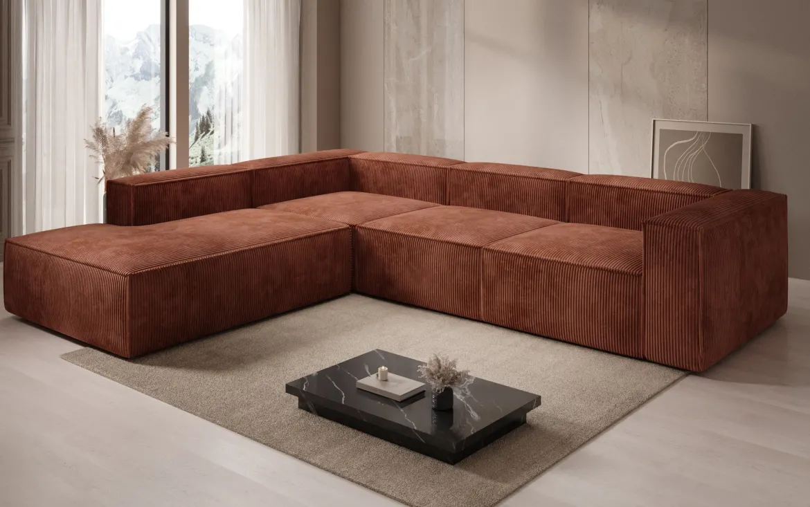 Designer Ecksofa Lesley mit langer Ottomane in Cord