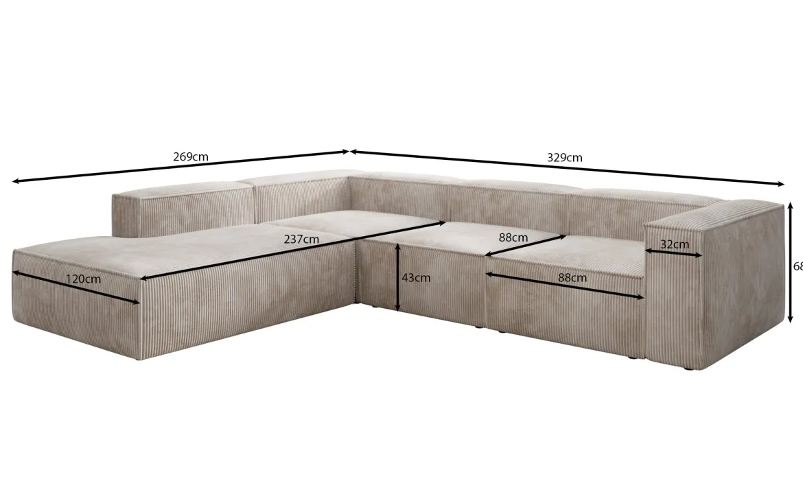 Designer Ecksofa Lesley mit langer Ottomane in Cord