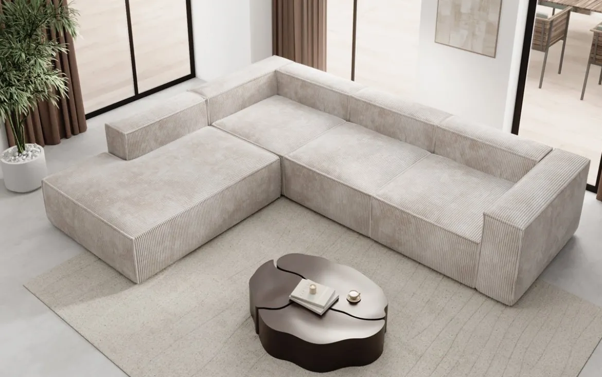 Designer Ecksofa Lesley mit langer Ottomane in Cord