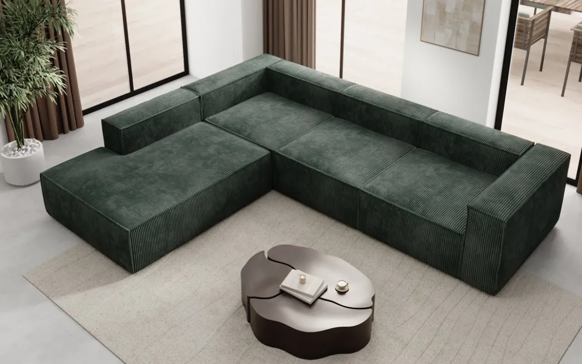 Designer Ecksofa Lesley mit langer Ottomane in Cord
