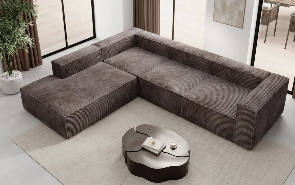 Designer Ecksofa Lesley mit langer Ottomane in Cord
