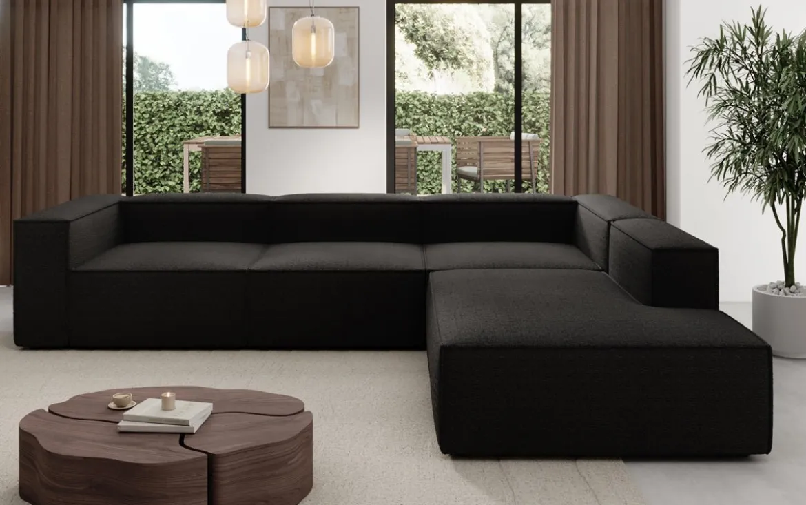 Designer Ecksofa Lesley mit langer Ottomane in Bouclé