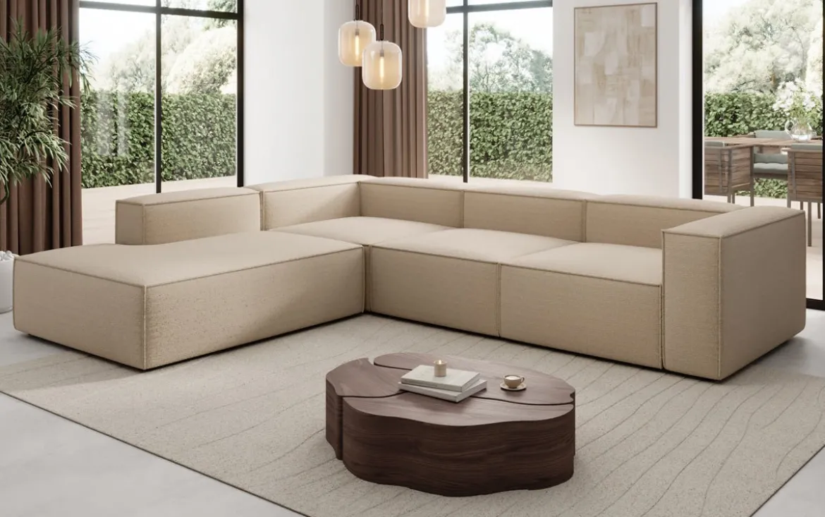 Designer Ecksofa Lesley mit langer Ottomane in Bouclé