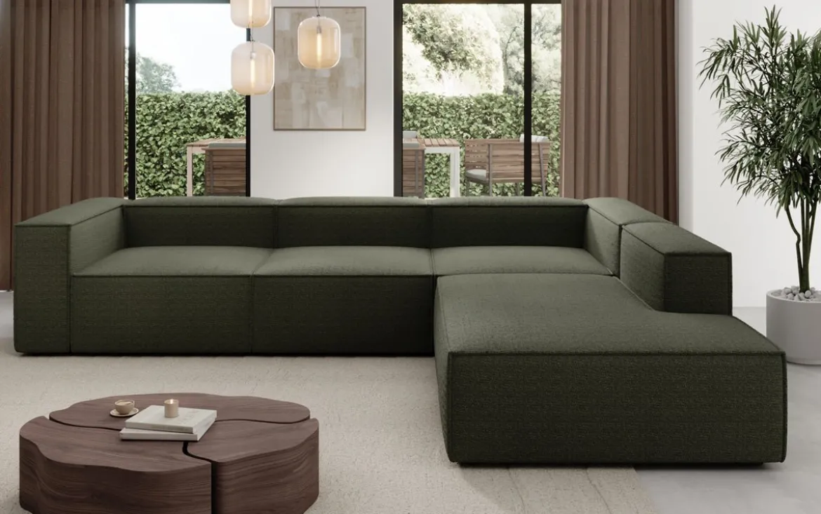 Designer Ecksofa Lesley mit langer Ottomane in Bouclé