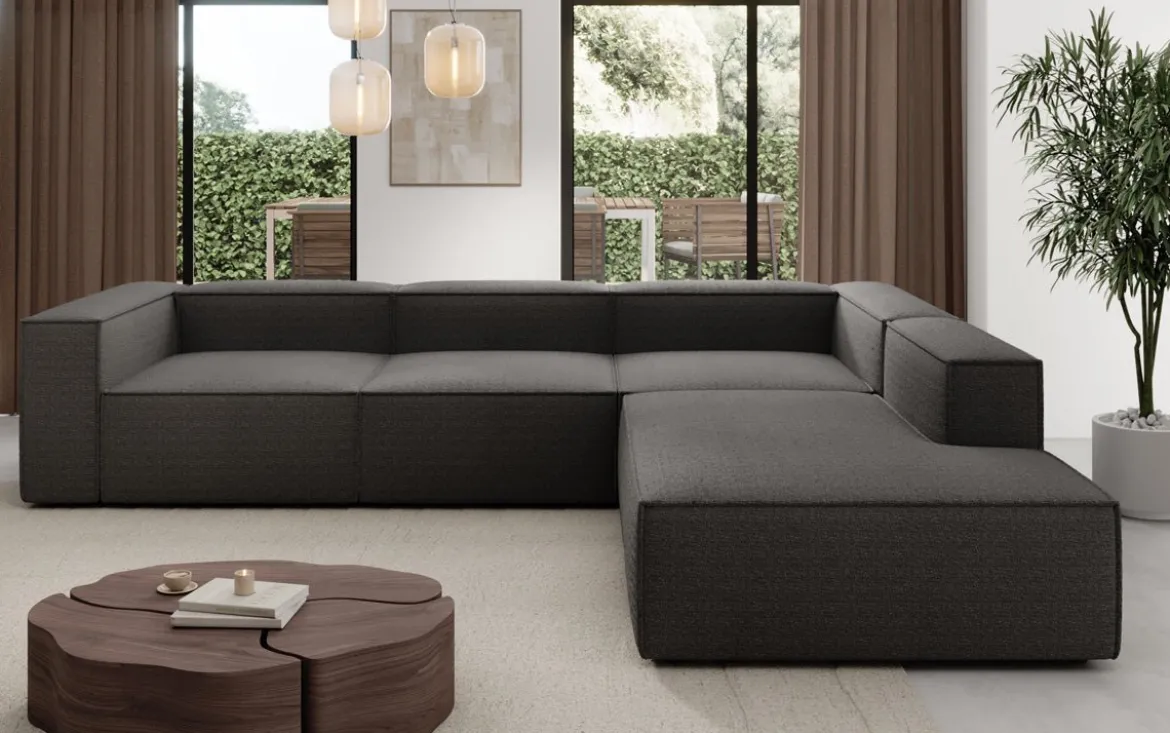 Designer Ecksofa Lesley mit langer Ottomane in Bouclé