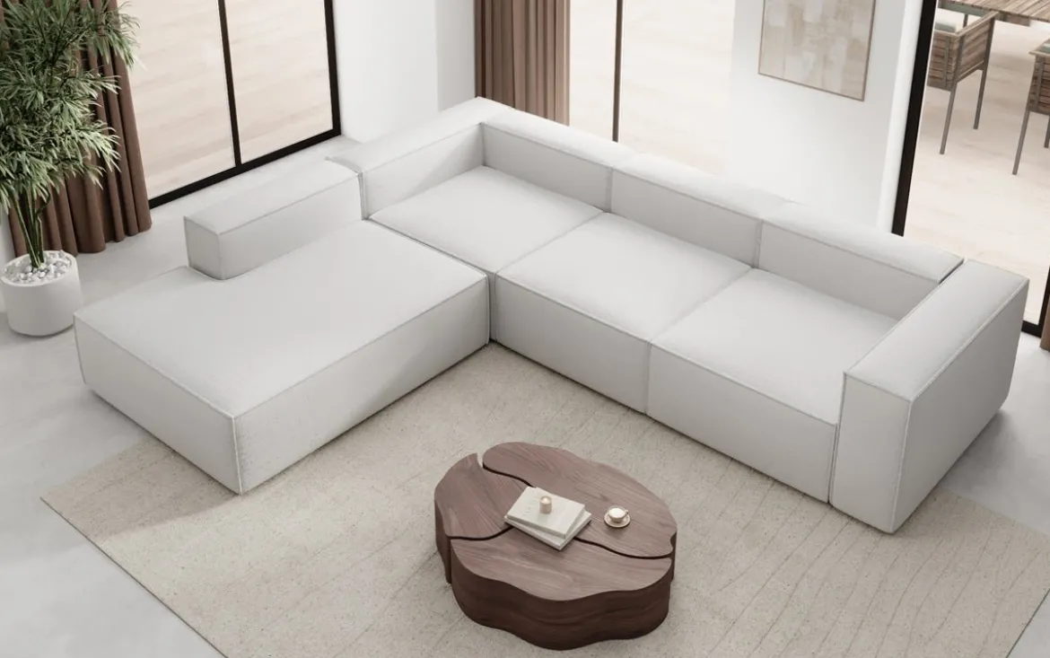 Designer Ecksofa Lesley mit langer Ottomane in Bouclé