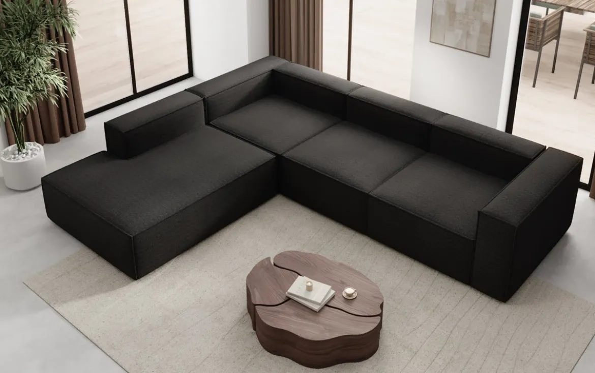 Designer Ecksofa Lesley mit langer Ottomane in Bouclé