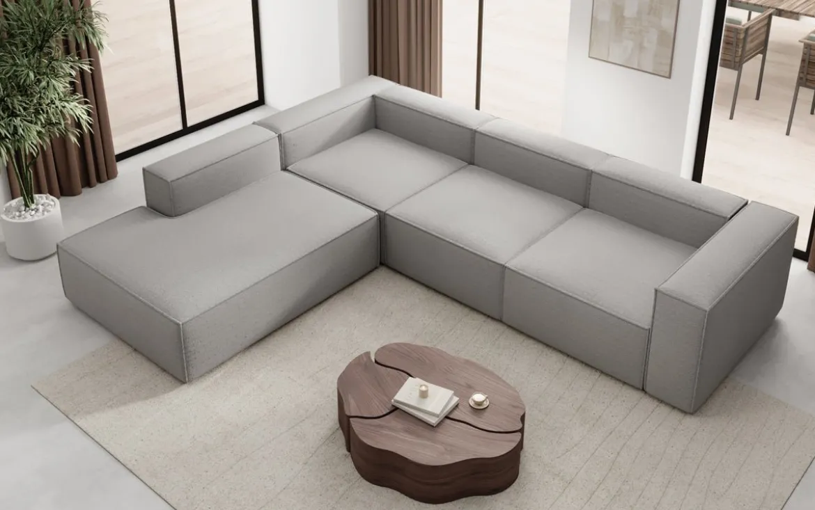 Designer Ecksofa Lesley mit langer Ottomane in Bouclé