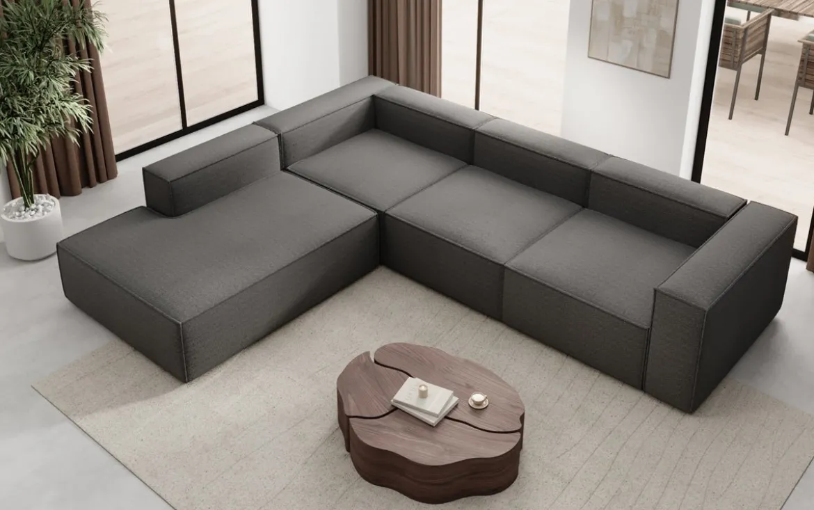 Designer Ecksofa Lesley mit langer Ottomane in Bouclé