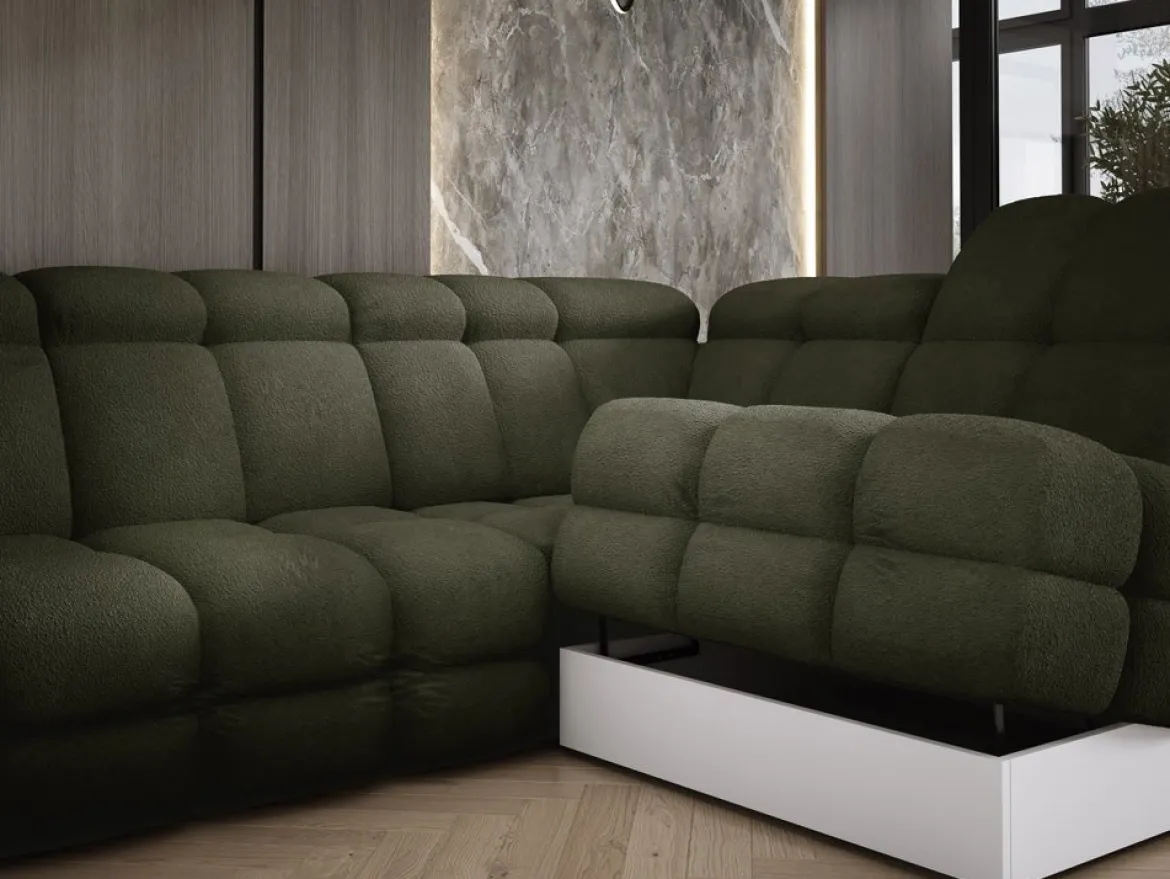 Designer Ecksofa Lima mit elektrischer Schlaffunktion in Bouclé
