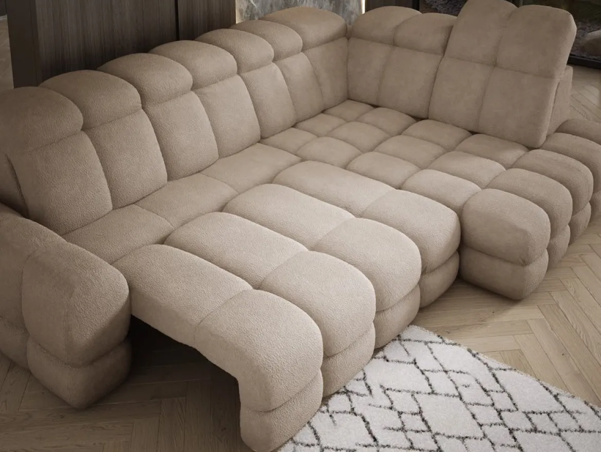 Designer Ecksofa Lima mit elektrischer Schlaffunktion in Bouclé