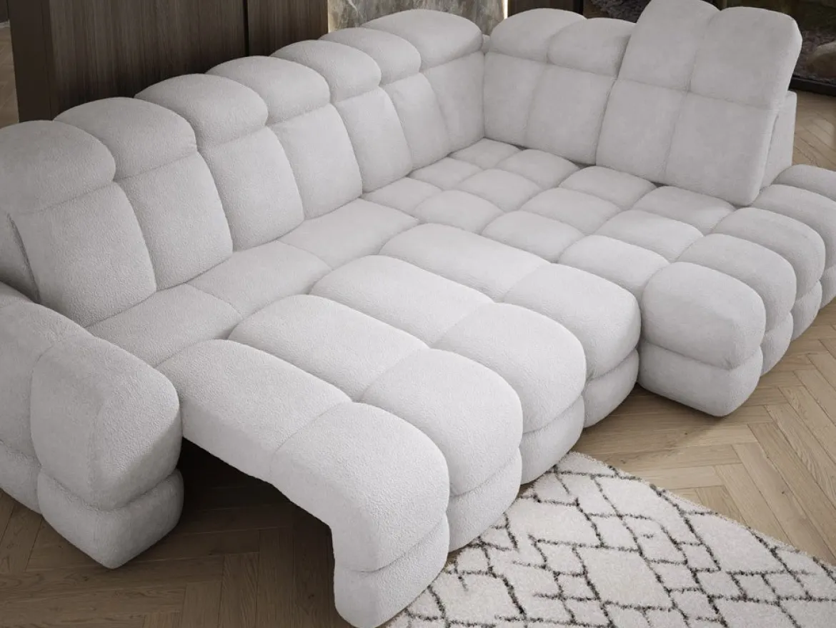 Designer Ecksofa Lima mit elektrischer Schlaffunktion in Bouclé