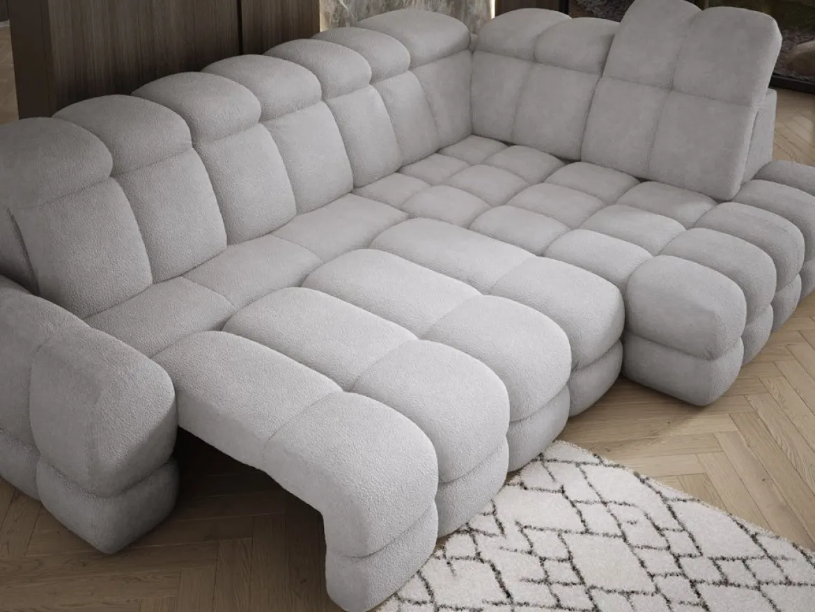 Designer Ecksofa Lima mit elektrischer Schlaffunktion in Bouclé