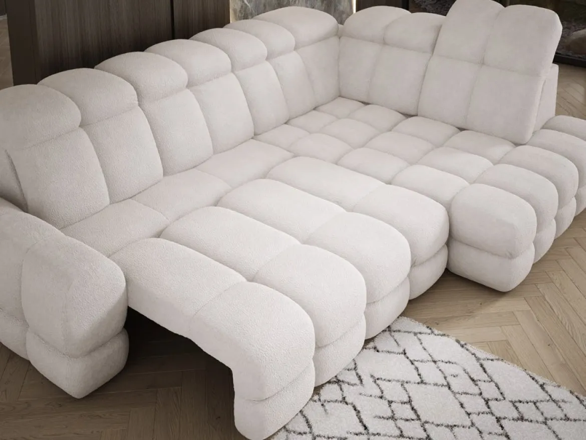 Designer Ecksofa Lima mit elektrischer Schlaffunktion in Bouclé