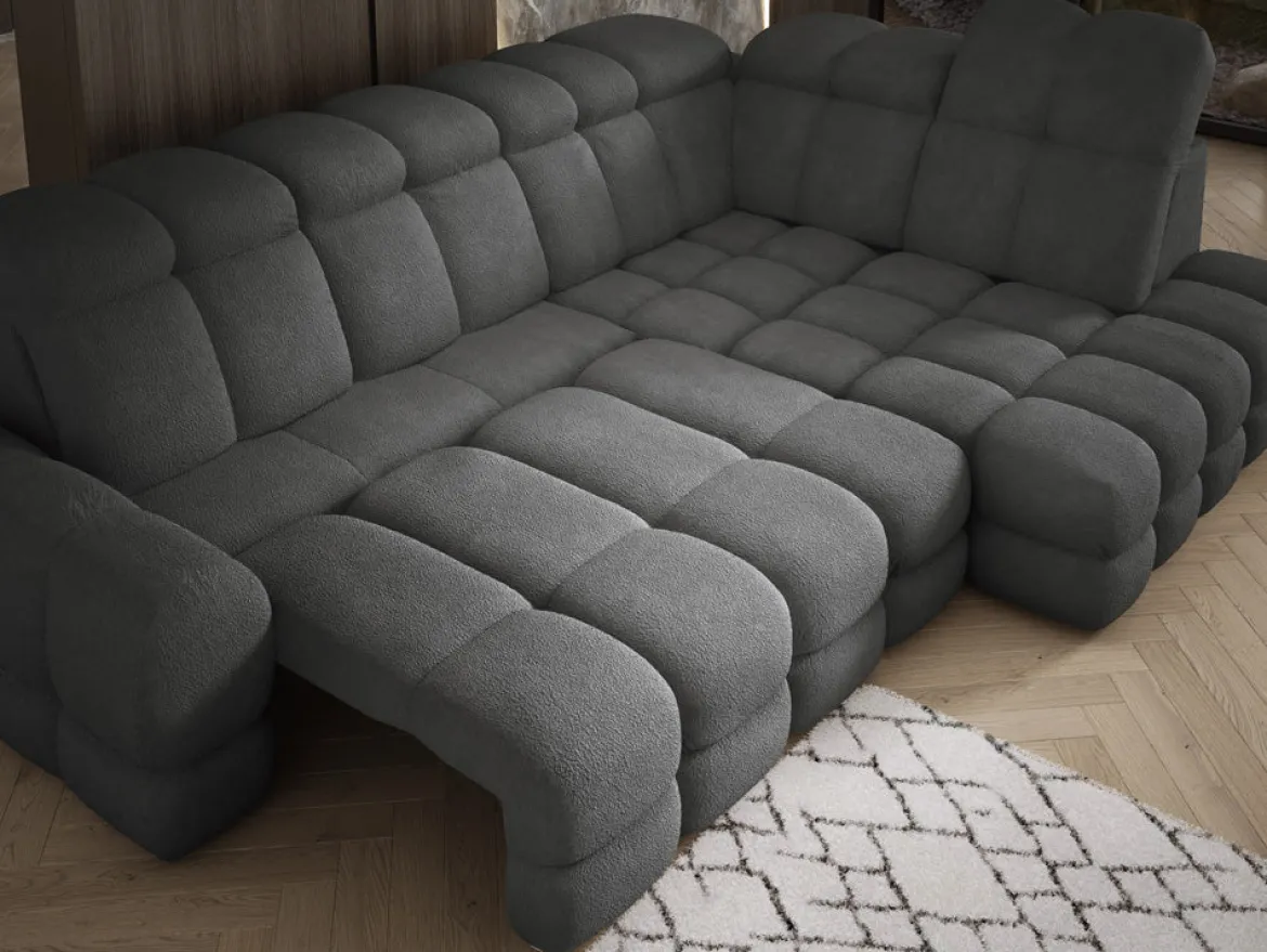 Designer Ecksofa Lima mit elektrischer Schlaffunktion in Bouclé