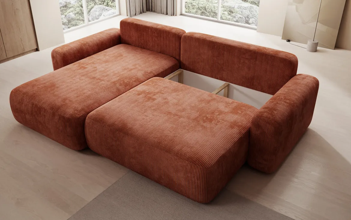 Designer Ecksofa Lola mit Schlaf- und Klappfunktion in Cord