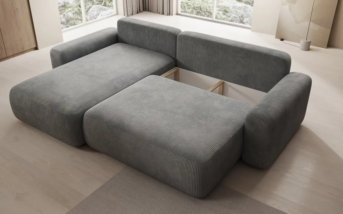 Designer Ecksofa Lola mit Schlaf- und Klappfunktion in Cord