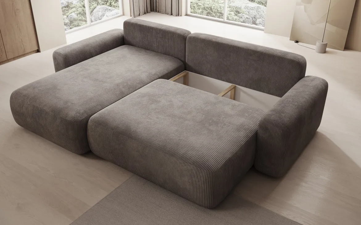Designer Ecksofa Lola mit Schlaf- und Klappfunktion in Cord