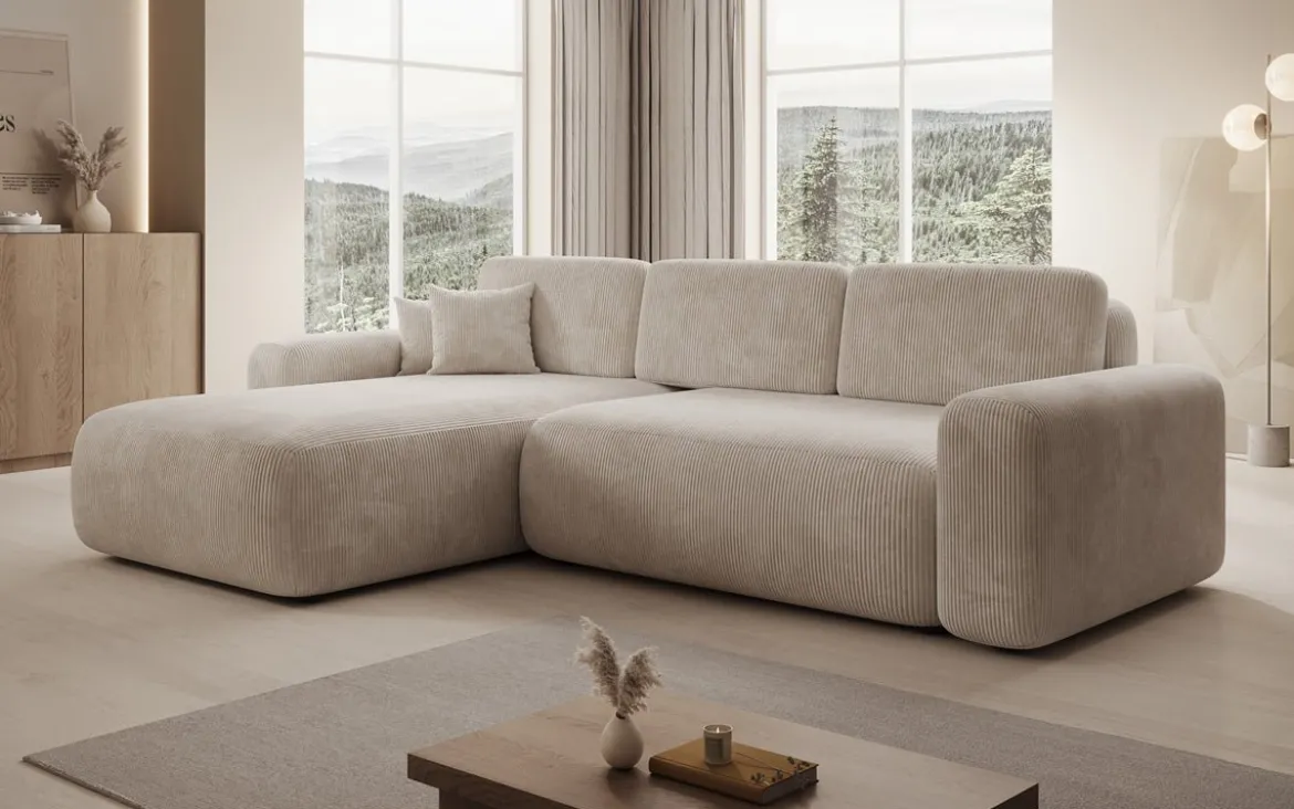 Designer Ecksofa Lola mit Schlaf- und Klappfunktion in Cord