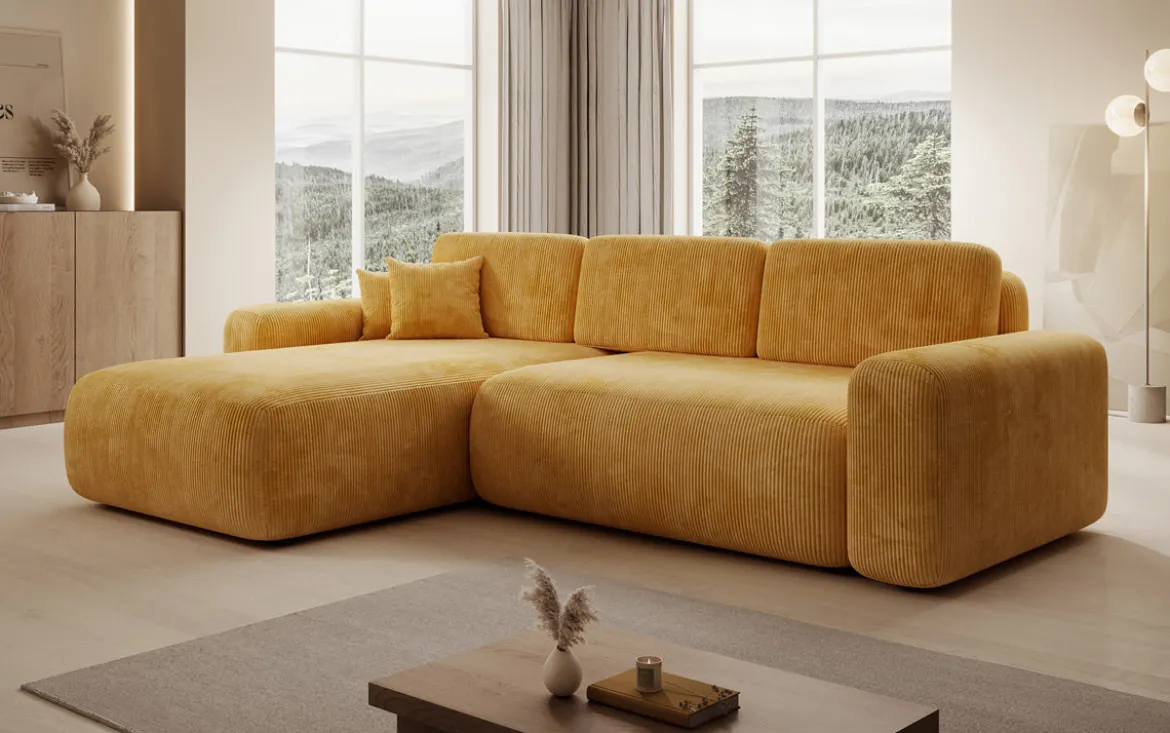 Designer Ecksofa Lola mit Schlaf- und Klappfunktion in Cord