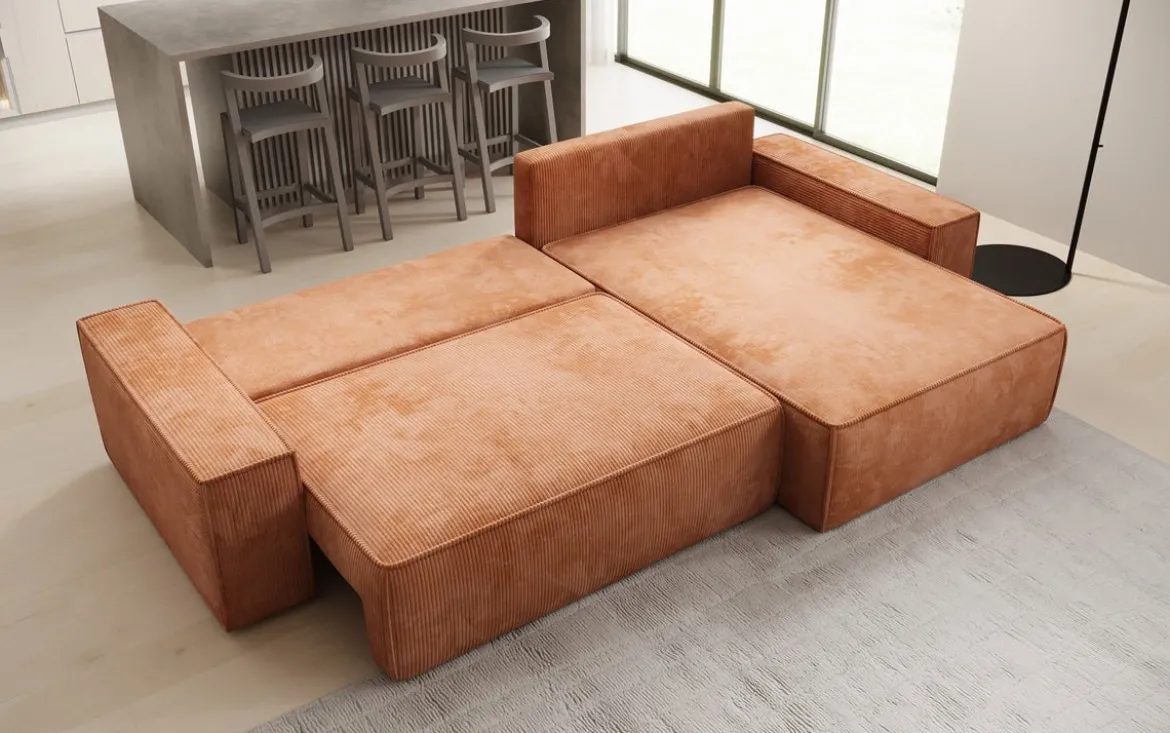 Designer Ecksofa Lunaro mit Schlaf- und Klappfunktion in Cord