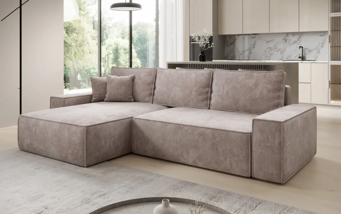 Designer Ecksofa Lunaro mit Schlaf- und Klappfunktion in Cord