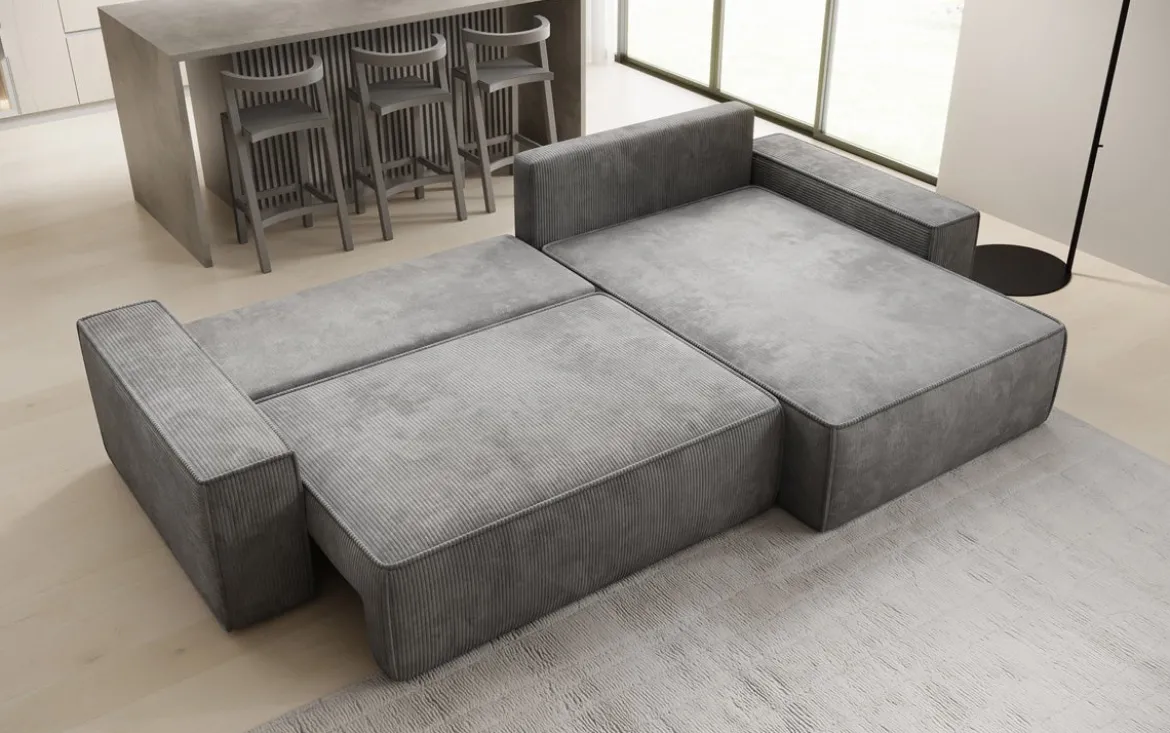 Designer Ecksofa Lunaro mit Schlaf- und Klappfunktion in Cord