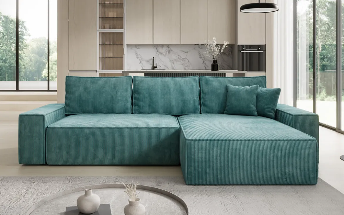 Designer Ecksofa Lunaro mit Schlaf- und Klappfunktion in Cord