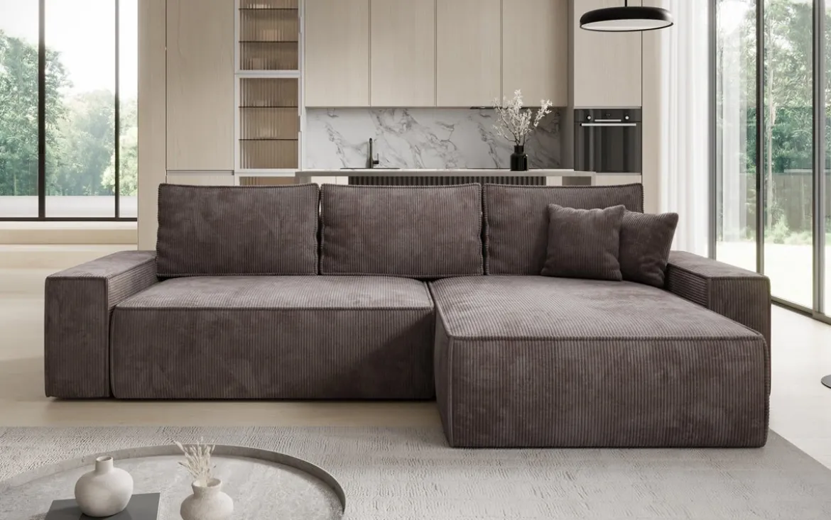 Designer Ecksofa Lunaro mit Schlaf- und Klappfunktion in Cord