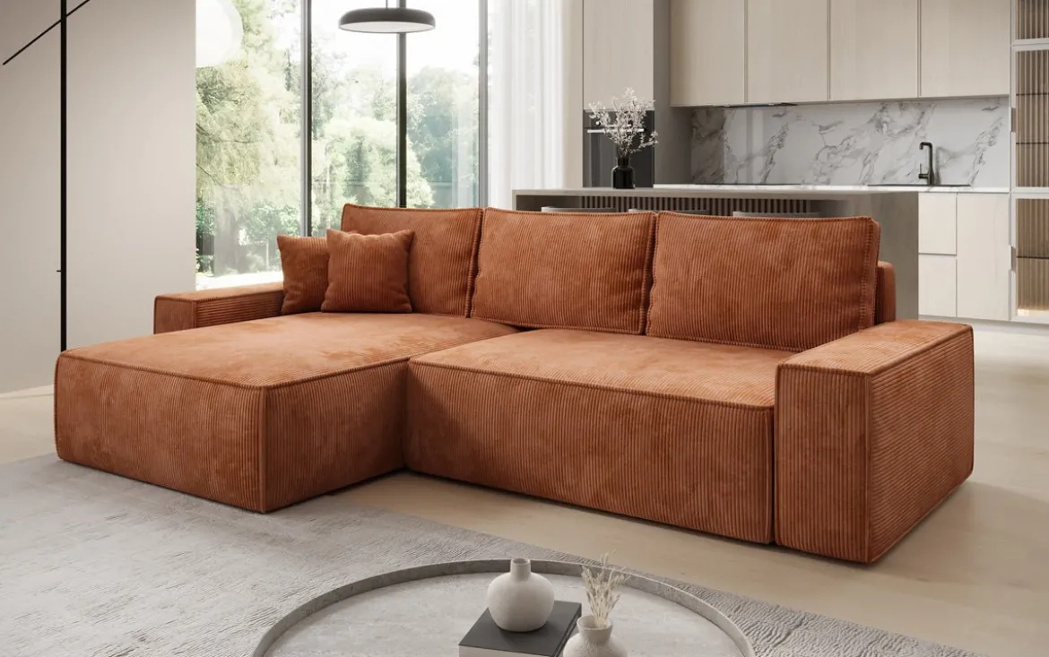 Designer Ecksofa Lunaro mit Schlaf- und Klappfunktion in Cord