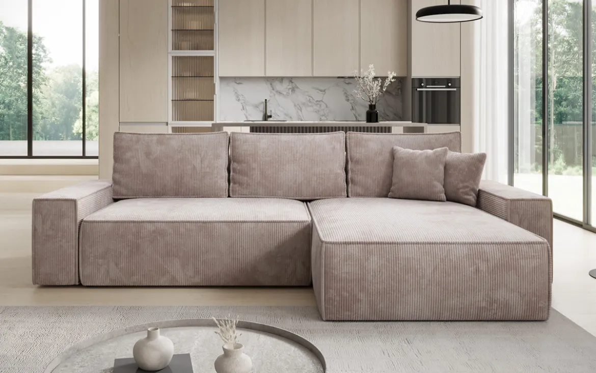 Designer Ecksofa Lunaro mit Schlaf- und Klappfunktion in Cord