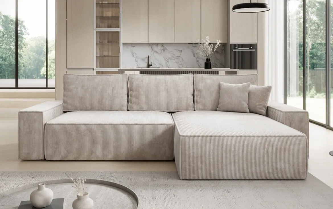 Designer Ecksofa Lunaro mit Schlaf- und Klappfunktion in Cord