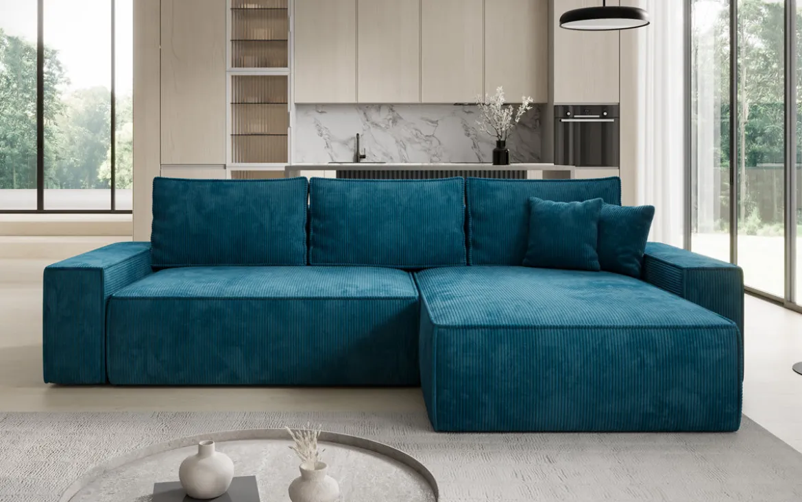 Designer Ecksofa Lunaro mit Schlaf- und Klappfunktion in Cord