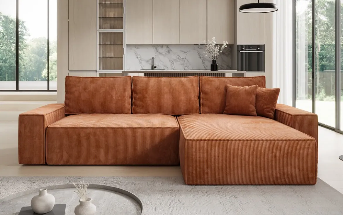 Designer Ecksofa Lunaro mit Schlaf- und Klappfunktion in Cord