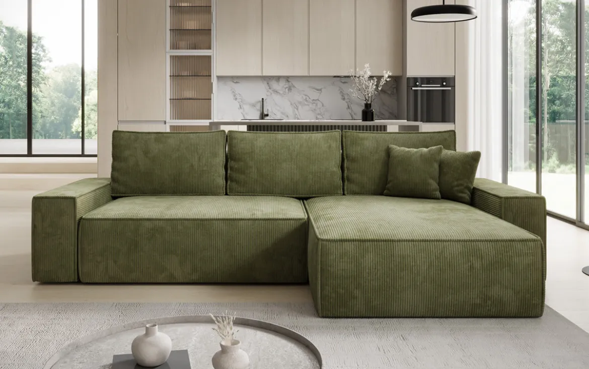 Designer Ecksofa Lunaro mit Schlaf- und Klappfunktion in Cord