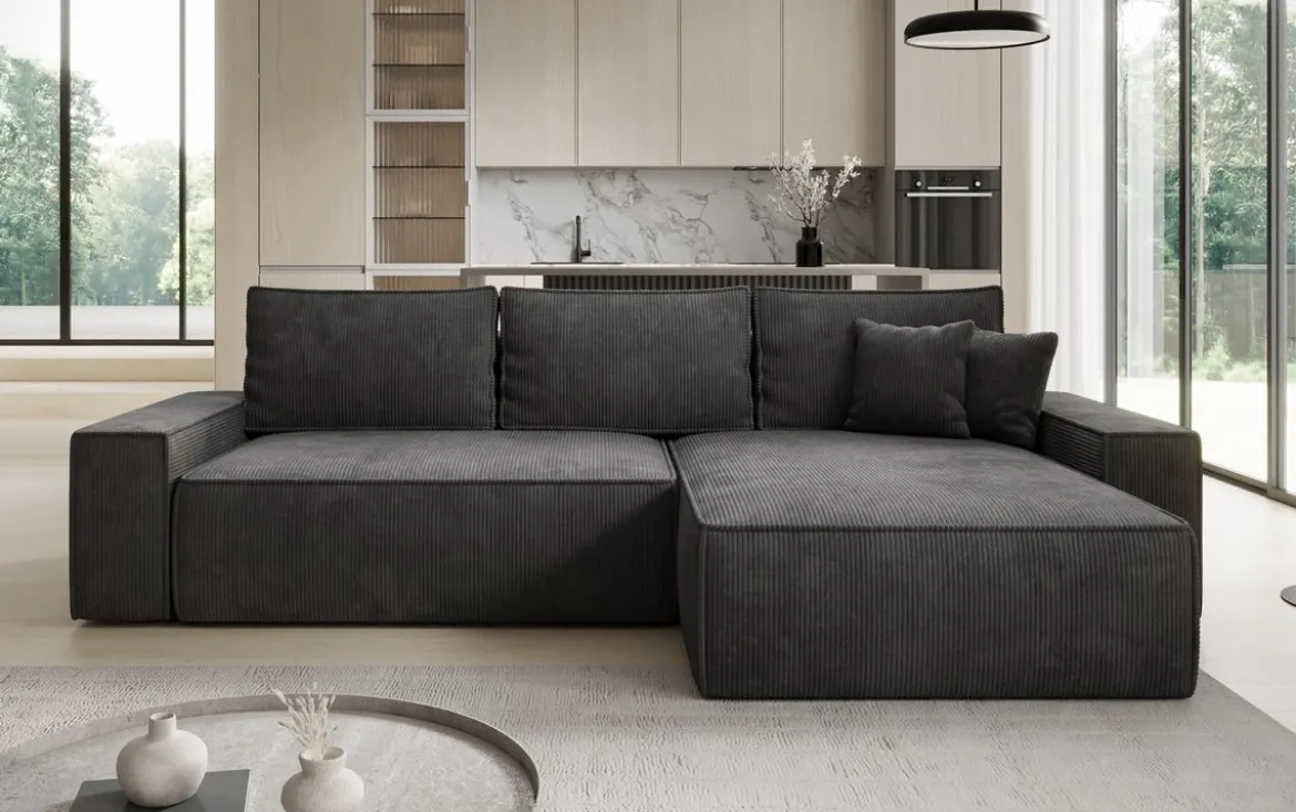 Designer Ecksofa Lunaro mit Schlaf- und Klappfunktion in Cord