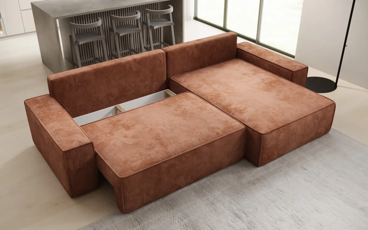 Designer Ecksofa Lunaro mit Schlaf- und Klappfunktion in Cord